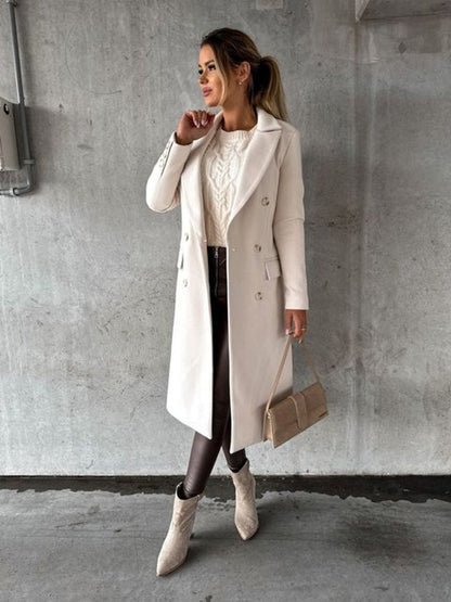 Women's Double-Breasted Long Coat with Gold Buttons