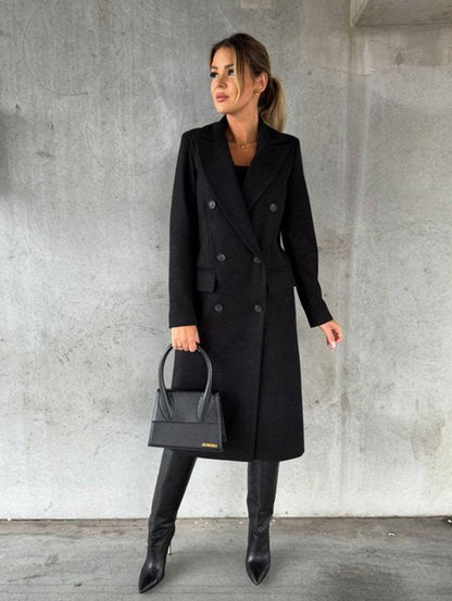 Women's Double-Breasted Long Coat with Gold Buttons