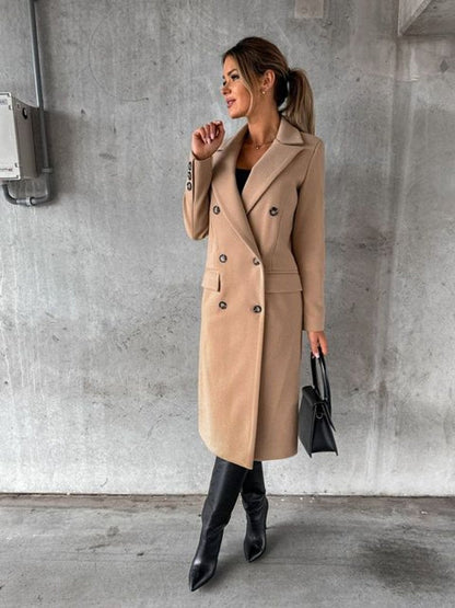 Women's Double-Breasted Long Coat with Gold Buttons