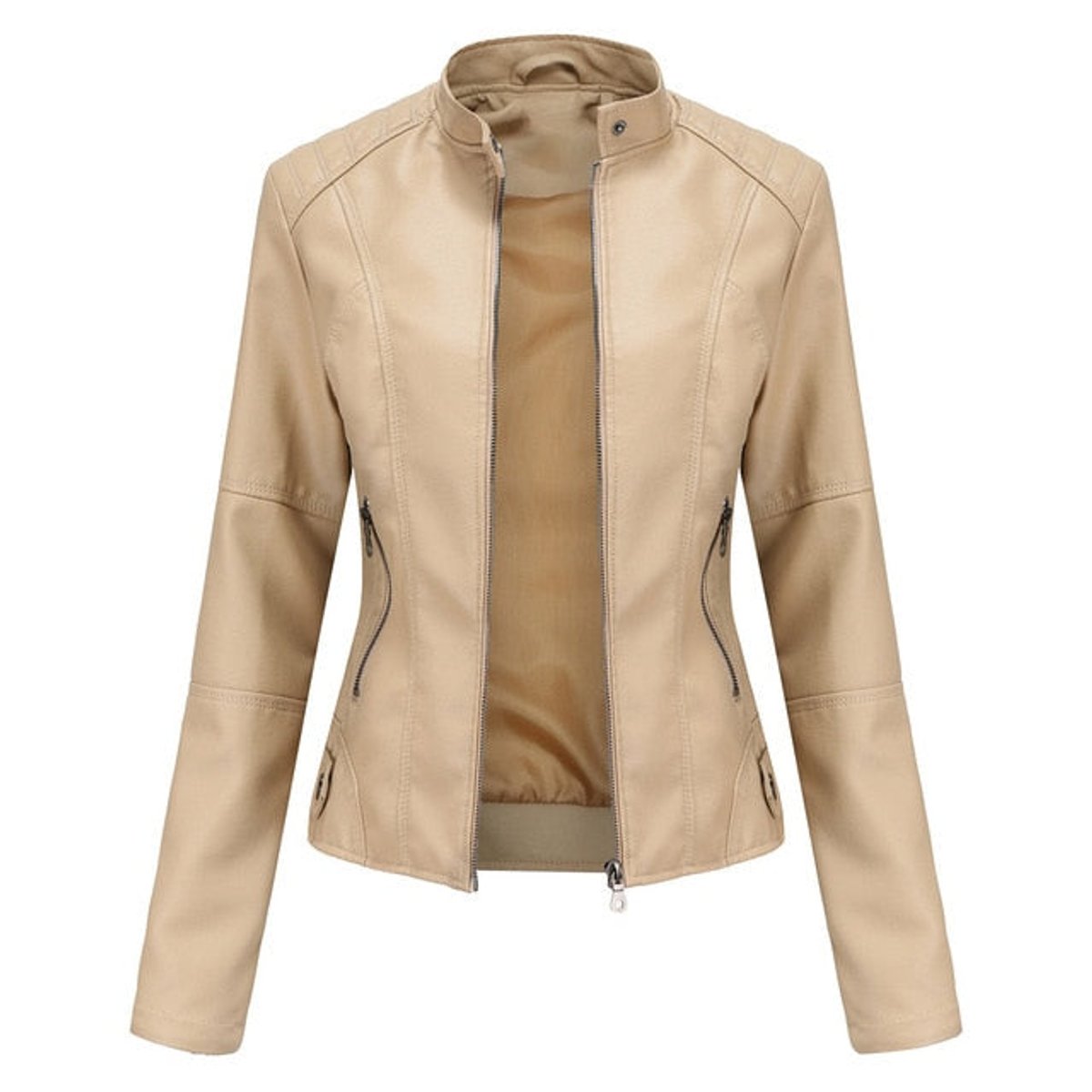 Women's Faux Leather Biker Jacket with Stand Collar