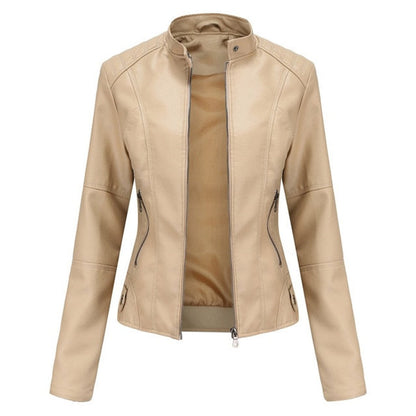Women's Faux Leather Biker Jacket with Stand Collar