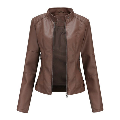 Women's Faux Leather Biker Jacket with Stand Collar