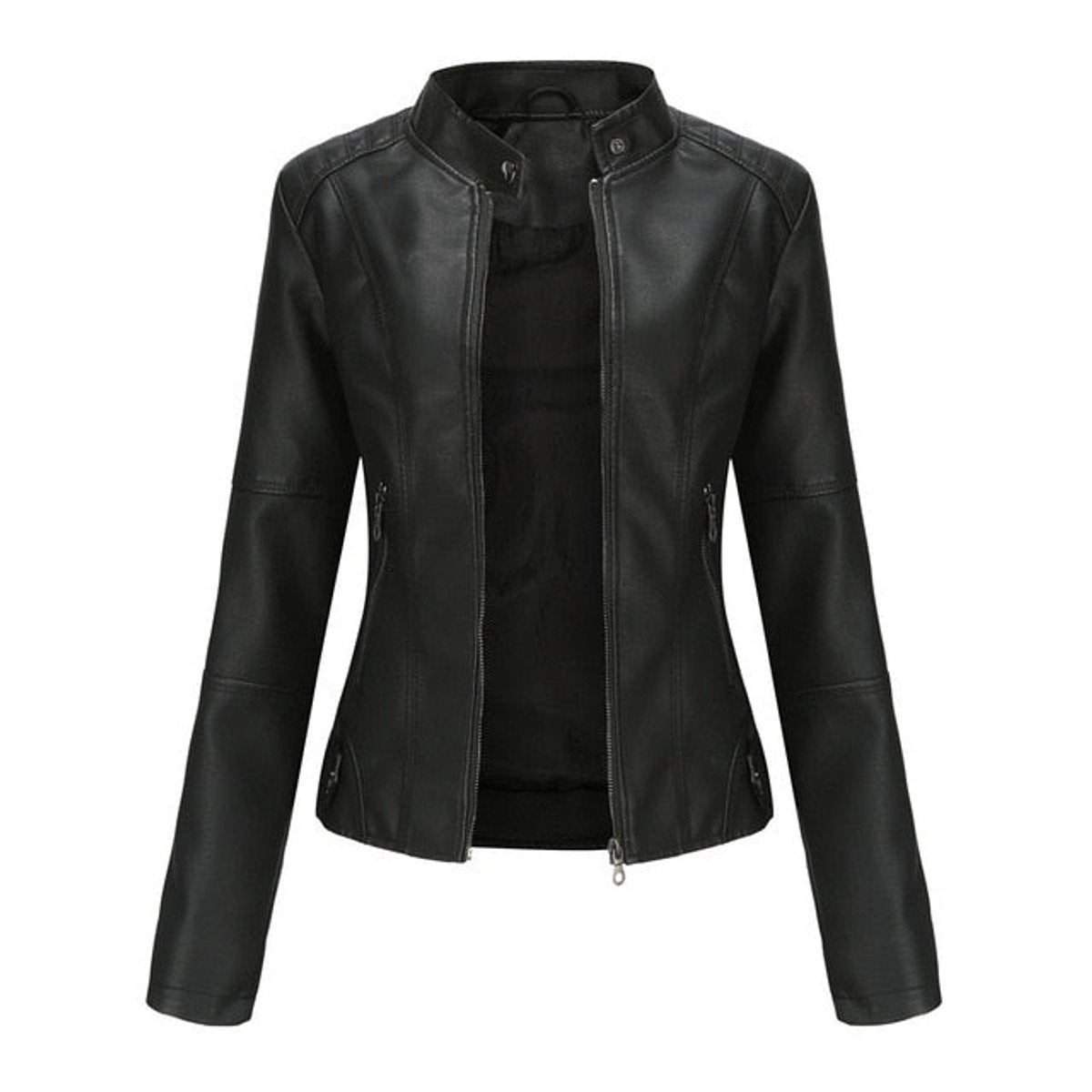 Women's Faux Leather Biker Jacket with Stand Collar