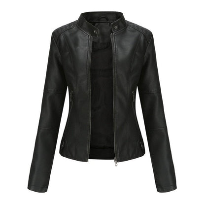 Women's Faux Leather Biker Jacket with Stand Collar