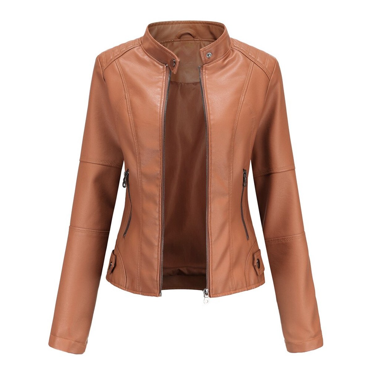 Women's Faux Leather Biker Jacket with Stand Collar