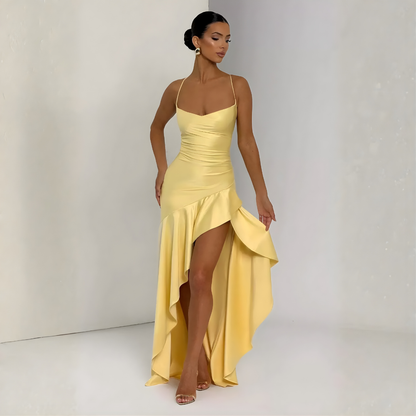 Elegant Draped Satin Maxi Dress with High Slit for Evening Events 12
