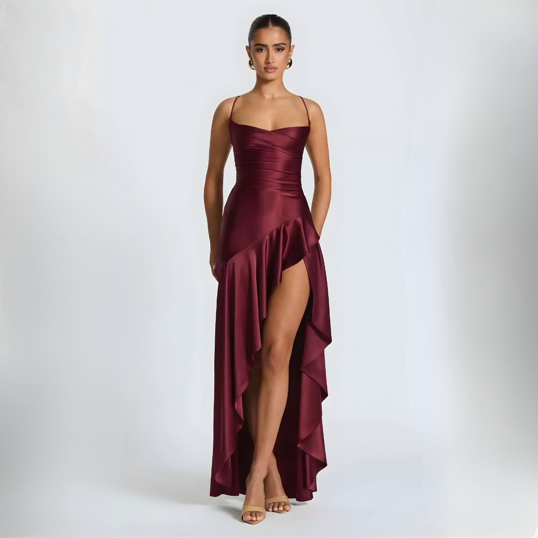Elegant Draped Satin Maxi Dress with High Slit for Evening Events 13