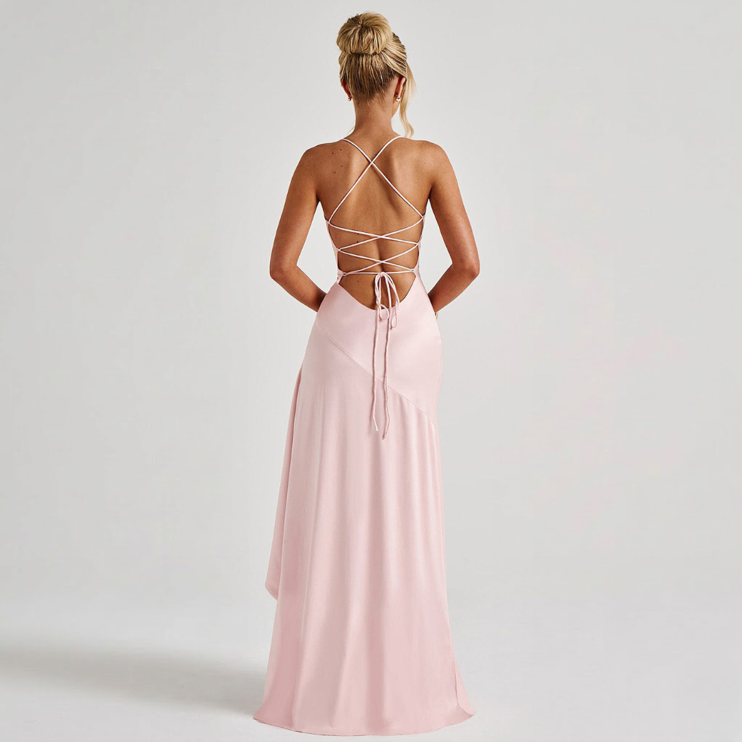 Elegant Draped Satin Maxi Dress with High Slit for Evening Events 4