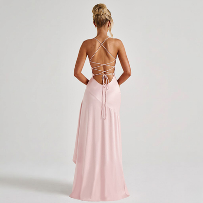 Elegant Draped Satin Maxi Dress with High Slit for Evening Events 4