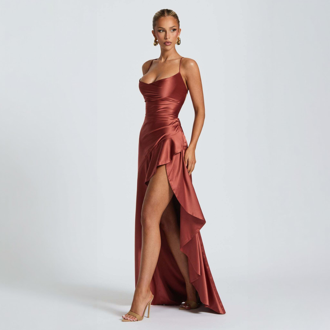 Elegant Draped Satin Maxi Dress with High Slit for Evening Events 7