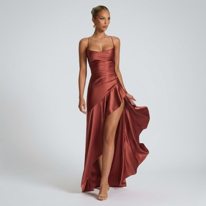 Elegant Draped Satin Maxi Dress with High Slit for Evening Events 8