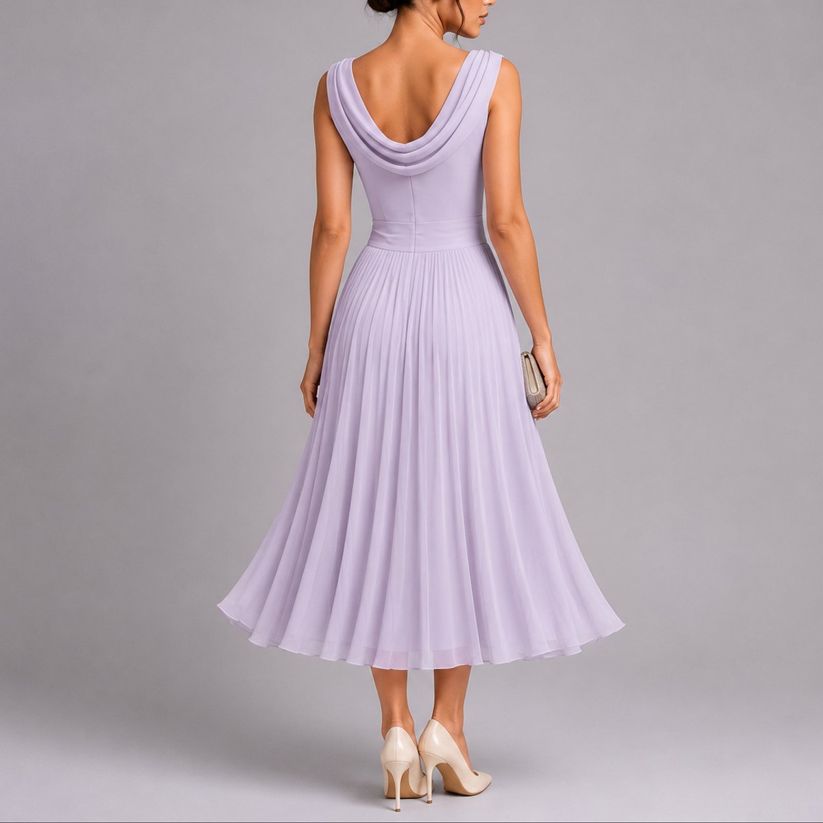 Women's Sleeveless Pleated Midi Dress with Cowl Back