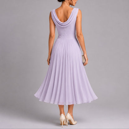Women's Sleeveless Pleated Midi Dress with Cowl Back
