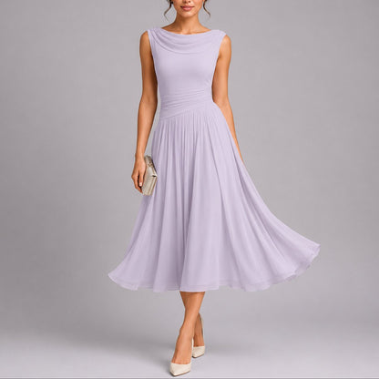 Women's Sleeveless Pleated Midi Dress with Cowl Back