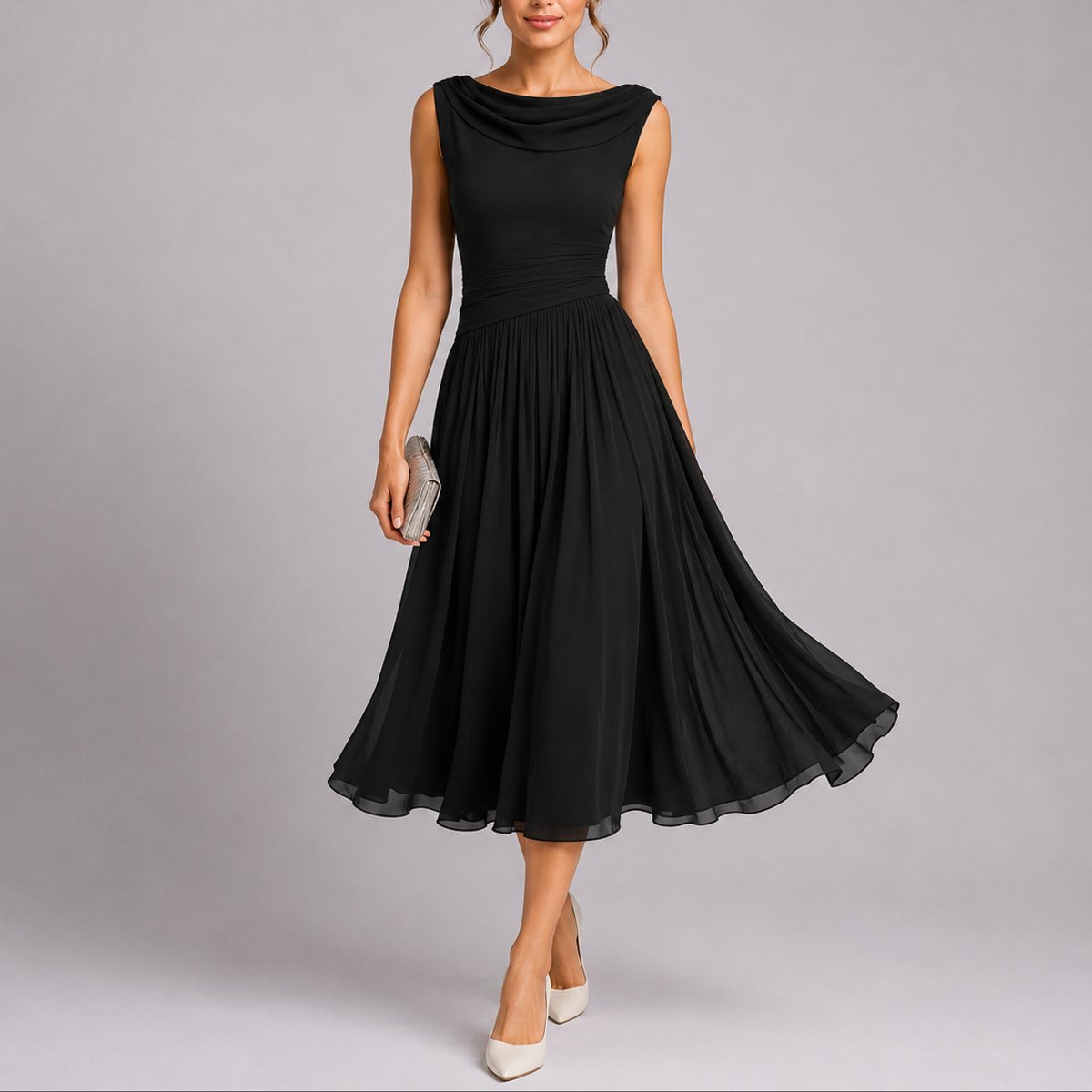 Women's Sleeveless Pleated Midi Dress with Cowl Back