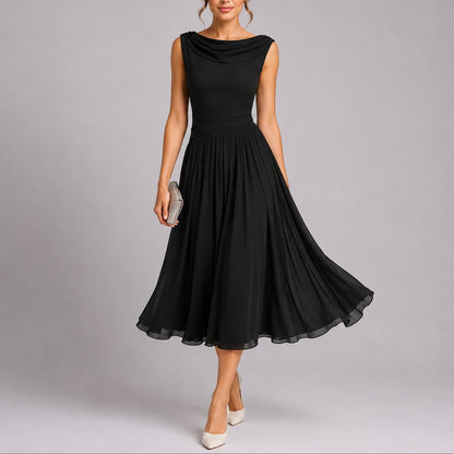 Women's Sleeveless Pleated Midi Dress with Cowl Back