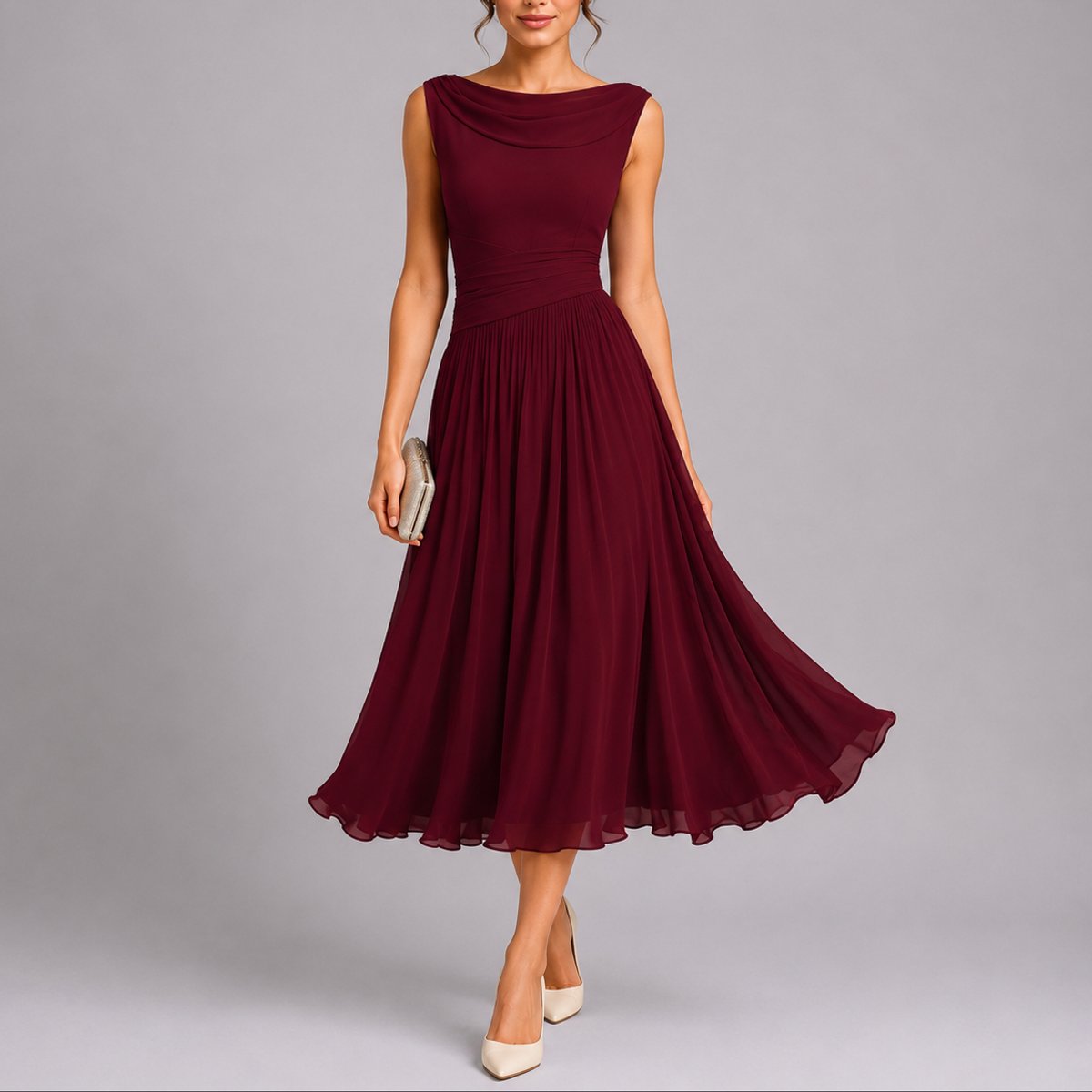 Women's Sleeveless Pleated Midi Dress with Cowl Back