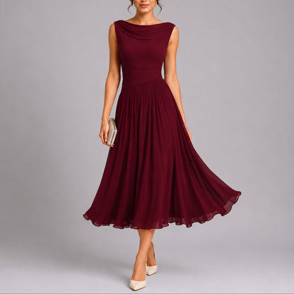 Women's Sleeveless Pleated Midi Dress with Cowl Back