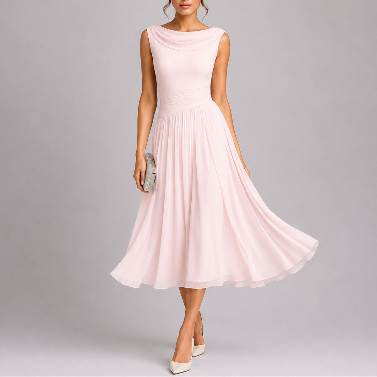 Women's Sleeveless Pleated Midi Dress with Cowl Back