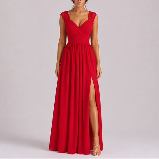 Women's Chiffon Maxi Dress with Lace Shoulders and V Neck