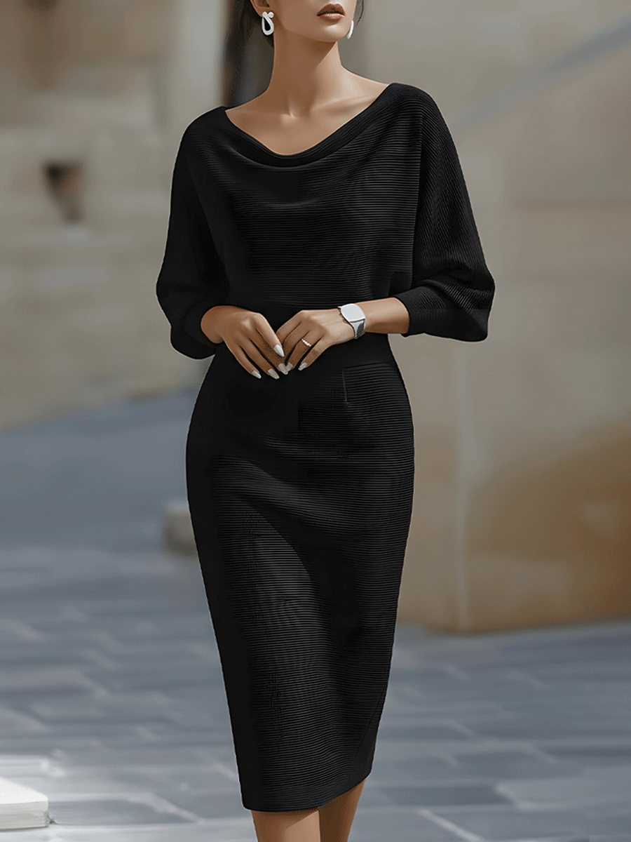 Elysia White Midi Dress | Draped Cowl Neck, Long Batwing Sleeves 3