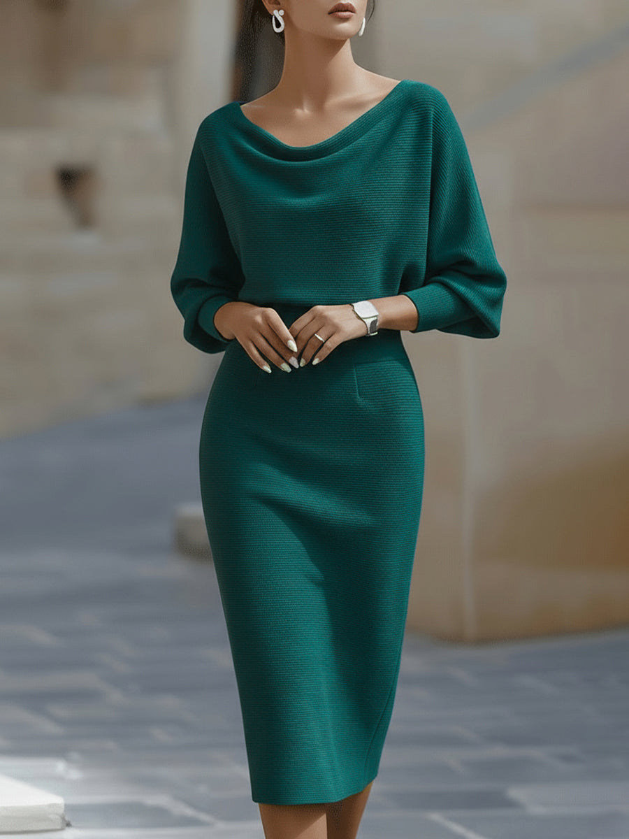 Elysia White Midi Dress | Draped Cowl Neck, Long Batwing Sleeves 4