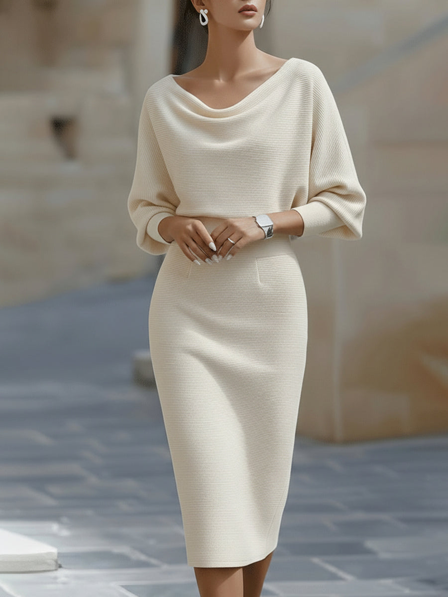 Elysia White Midi Dress | Draped Cowl Neck, Long Batwing Sleeves 6