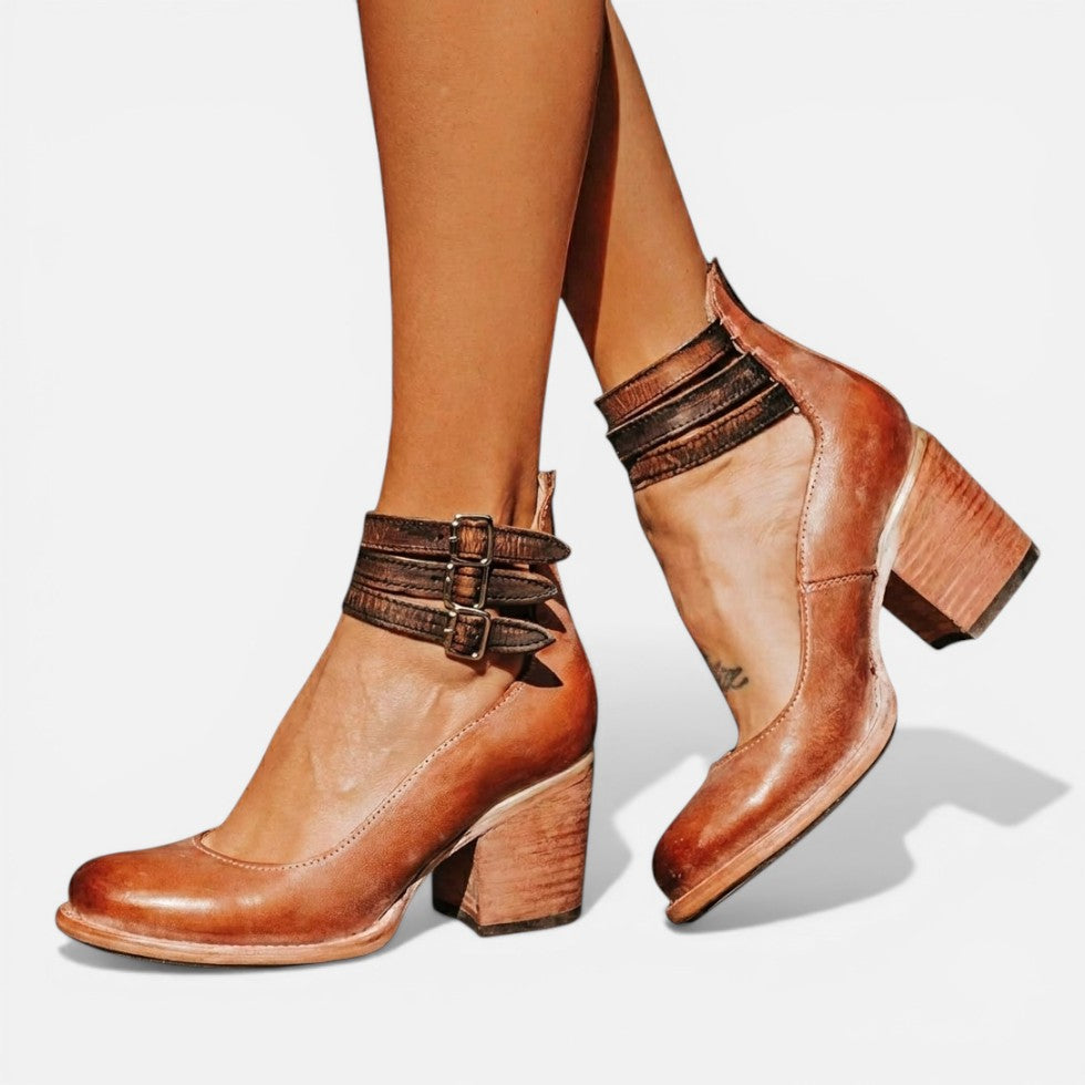 Women's Ankle Boots with Buckle Straps and Block Heel