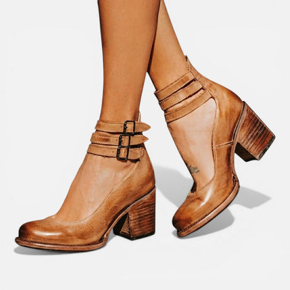 Women's Ankle Boots with Buckle Straps and Block Heel