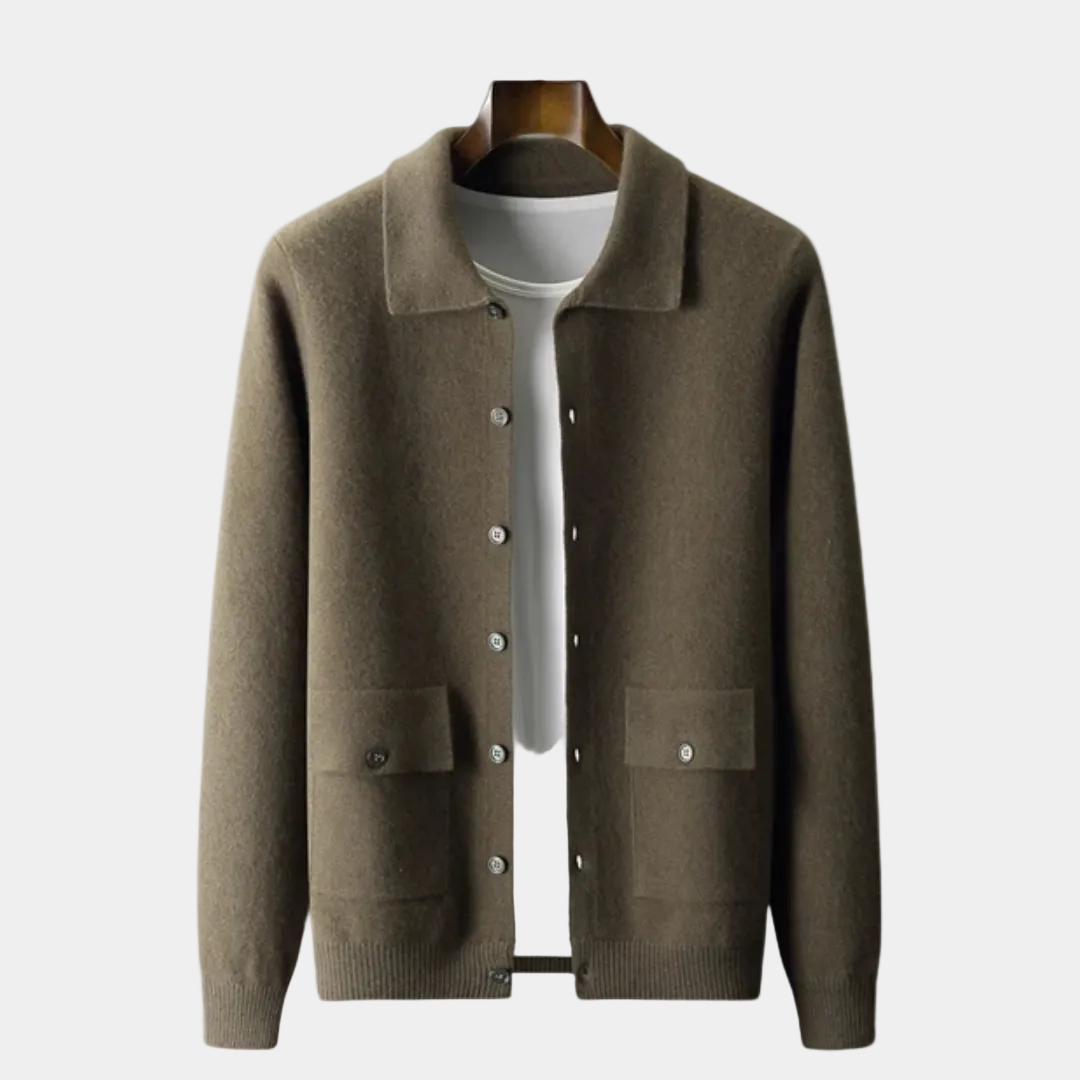 Men's Knit Cardigan – Collar, Flap Pockets