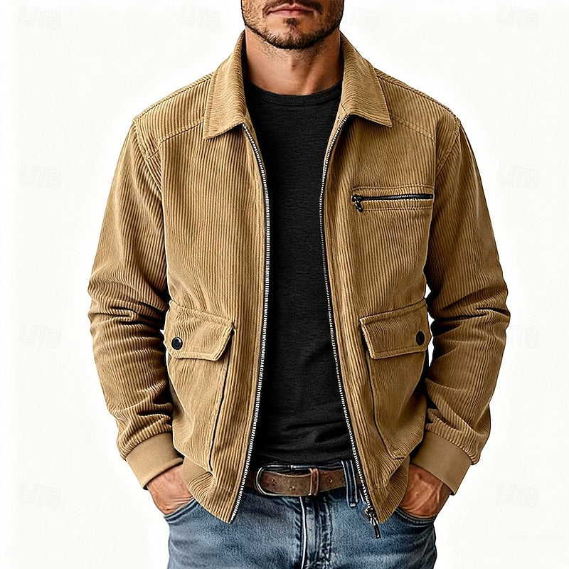 Men's Corduroy Zip Jacket with Collar and Pockets