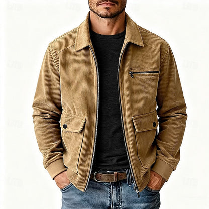 Men's Corduroy Zip Jacket with Collar and Pockets