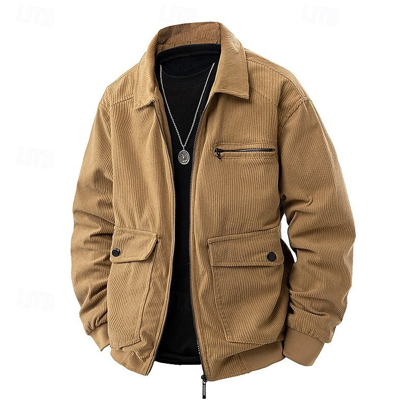Men's Corduroy Zip Jacket with Collar and Pockets