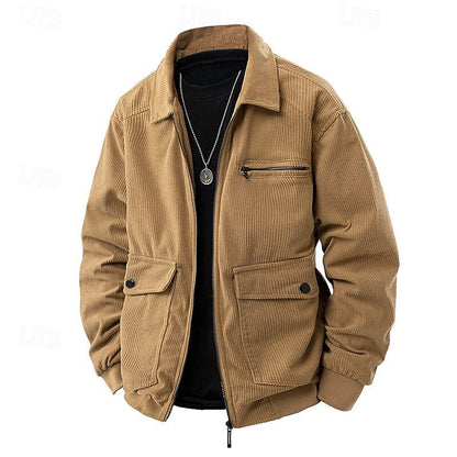 Men's Corduroy Zip Jacket with Collar and Pockets
