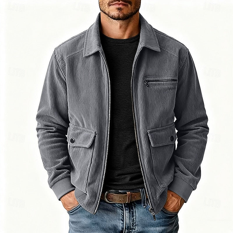 Men's Corduroy Zip Jacket with Collar and Pockets