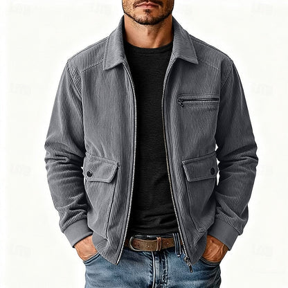 Men's Corduroy Zip Jacket with Collar and Pockets