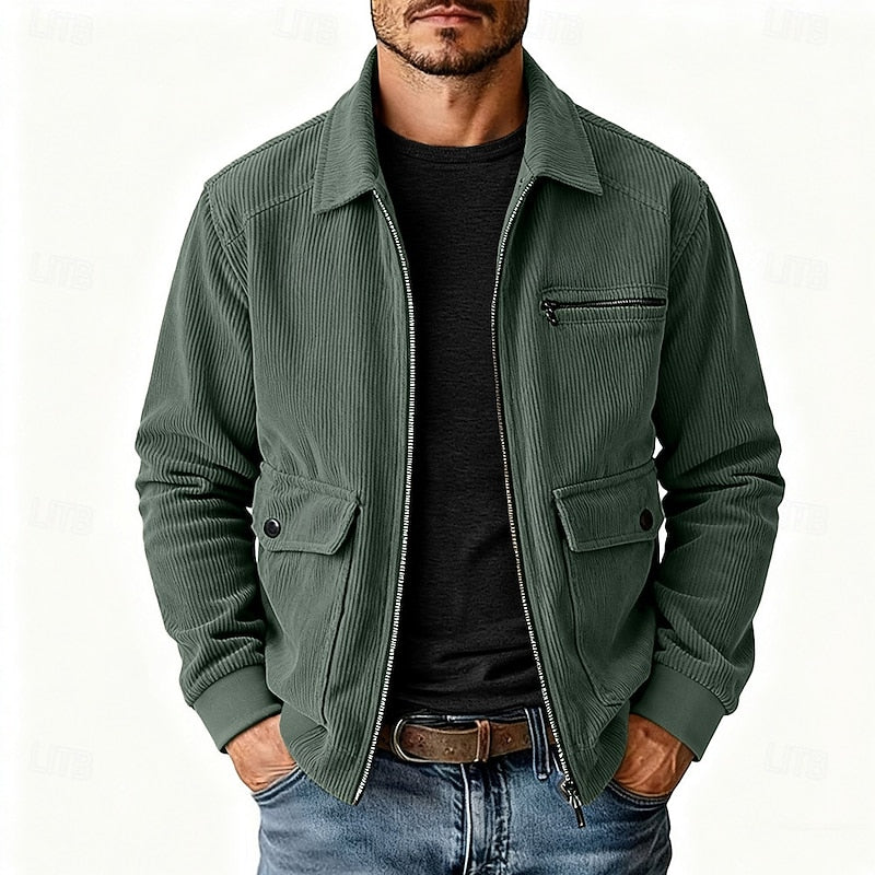 Men's Corduroy Zip Jacket with Collar and Pockets