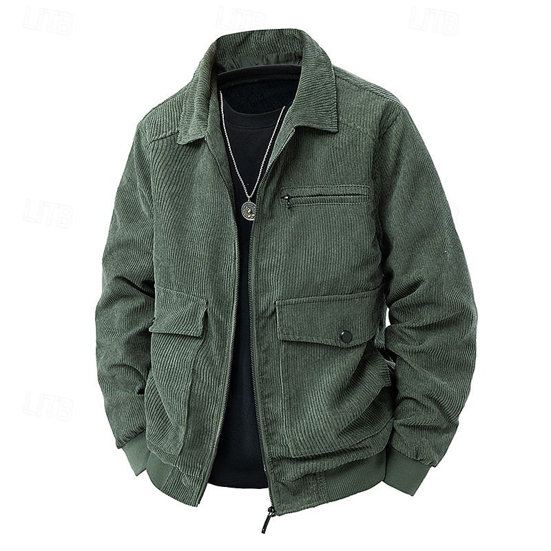 Men's Corduroy Zip Jacket with Collar and Pockets