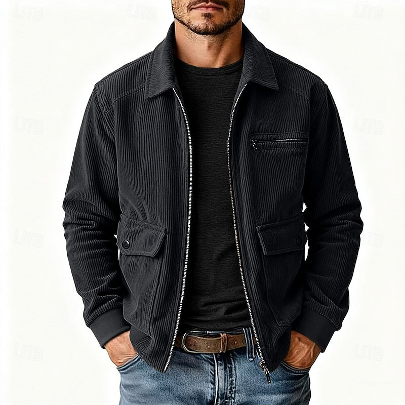 Men's Corduroy Zip Jacket with Collar and Pockets