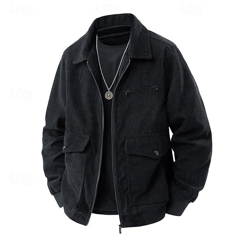 Men's Corduroy Zip Jacket with Collar and Pockets