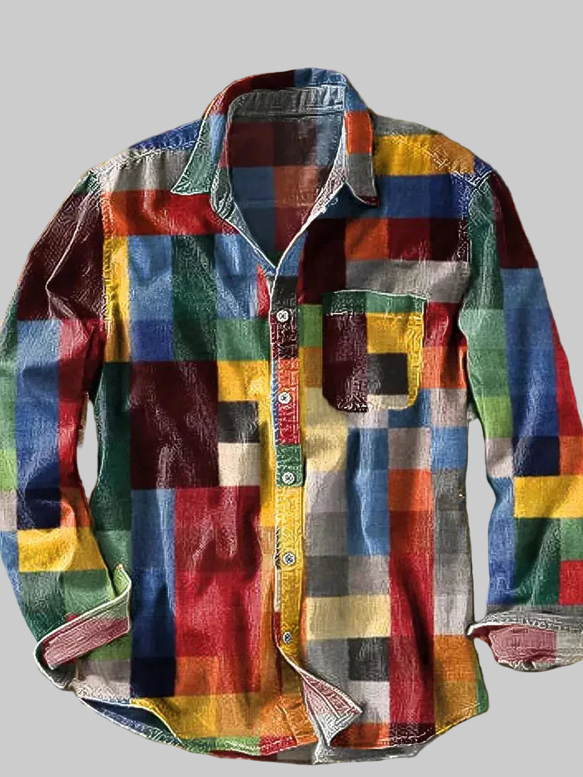 Men's Plaid Shirt – Patchwork Block Print, Chest Pocket