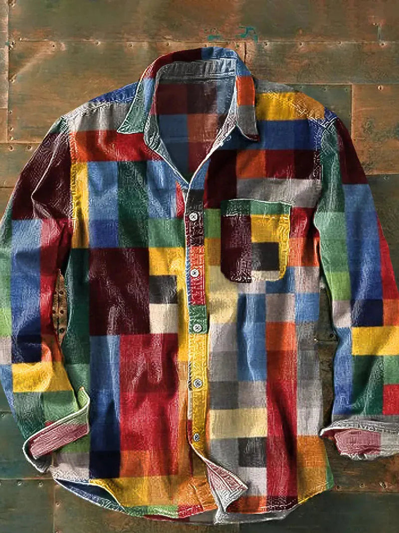 Men's Plaid Shirt – Patchwork Block Print, Chest Pocket