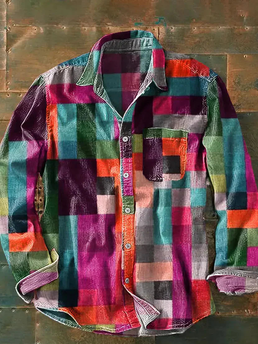 Men's Plaid Shirt – Patchwork Block Print, Chest Pocket