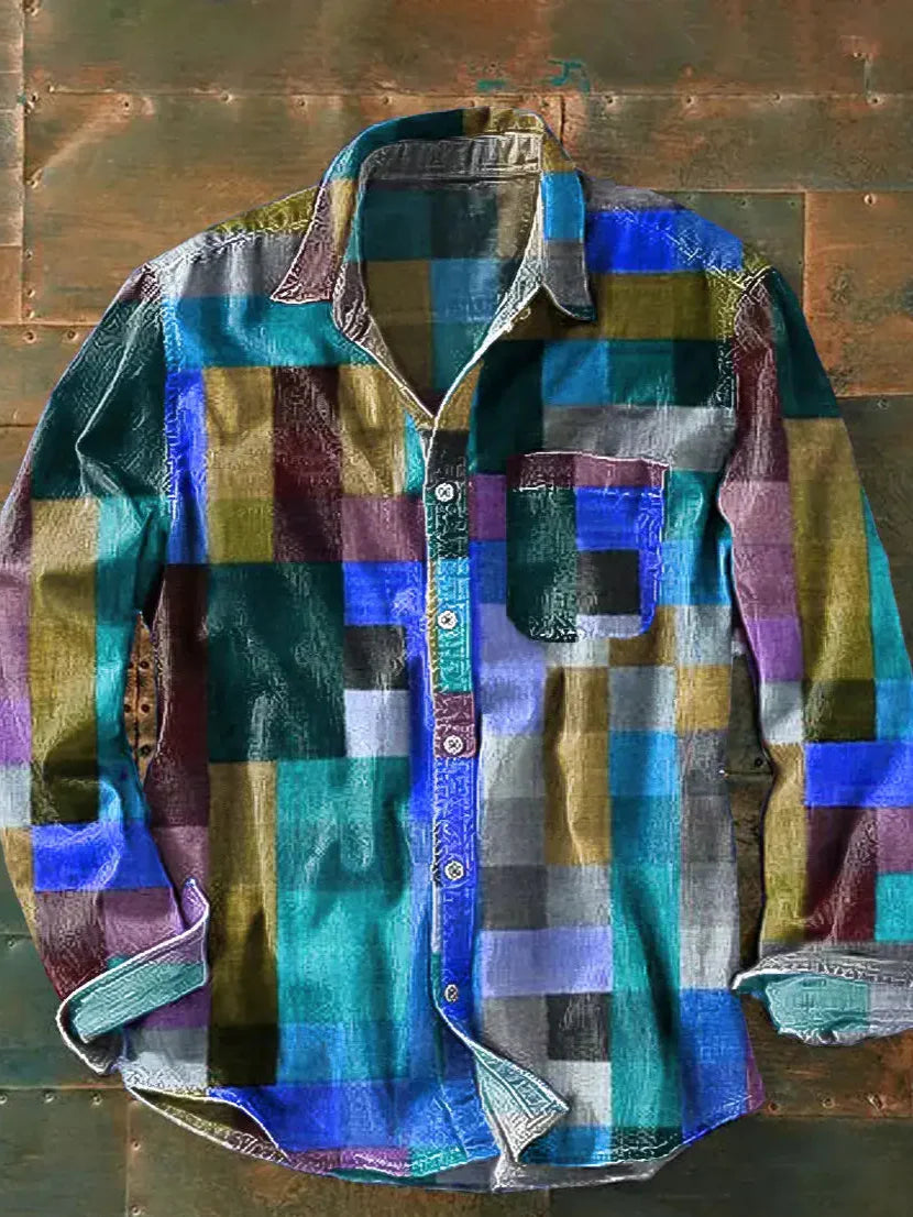 Men's Plaid Shirt – Patchwork Block Print, Chest Pocket