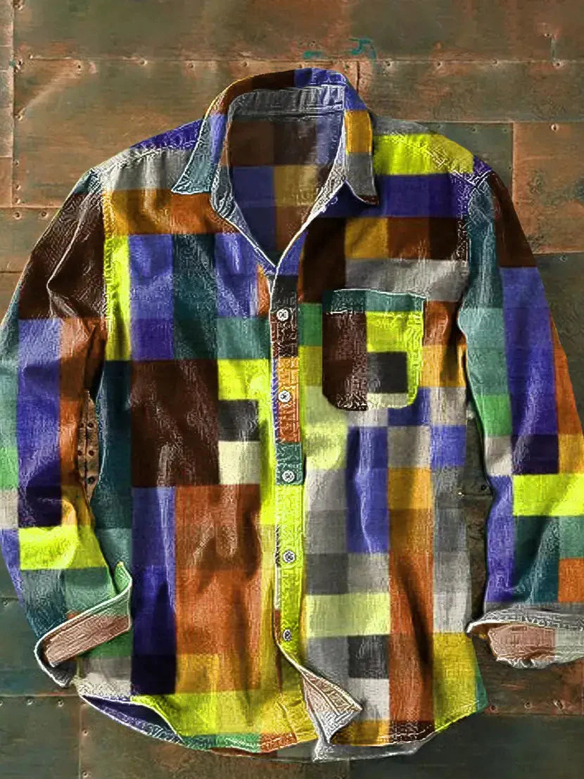 Men's Plaid Shirt – Patchwork Block Print, Chest Pocket