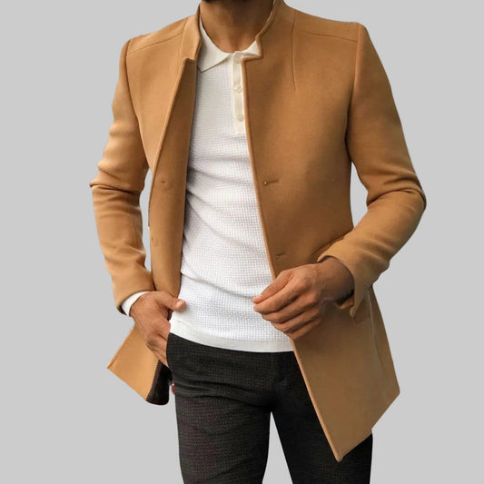 Men's Winter Wool Coat – Stand Collar, Slim Fit