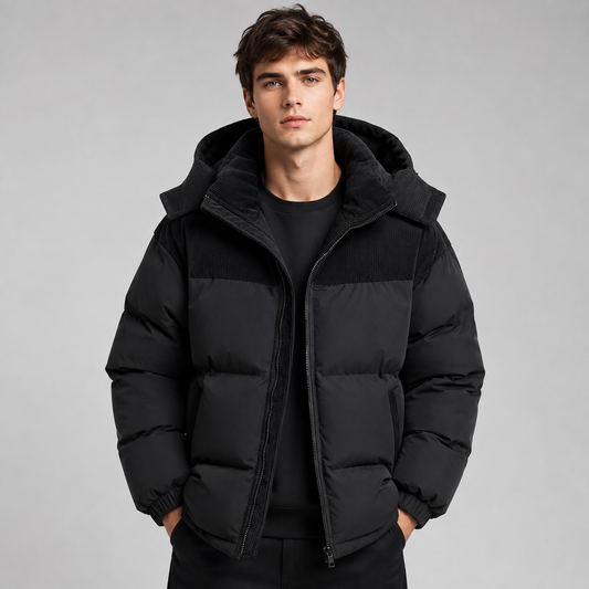 Men's Winter Puffer Jacket – Corduroy Yoke, Hooded