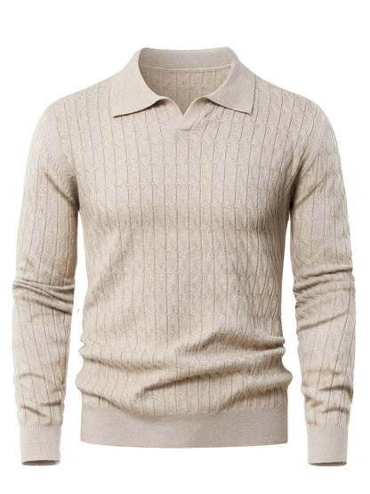 Men's Polo Sweater with Textured Cable Knit and Long Sleeves