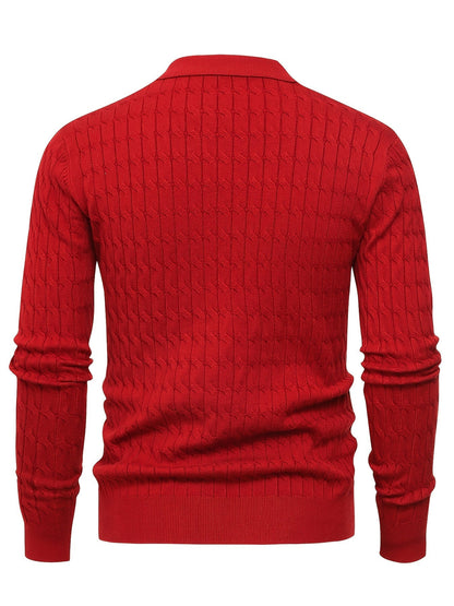 Men's Polo Sweater with Textured Cable Knit and Long Sleeves