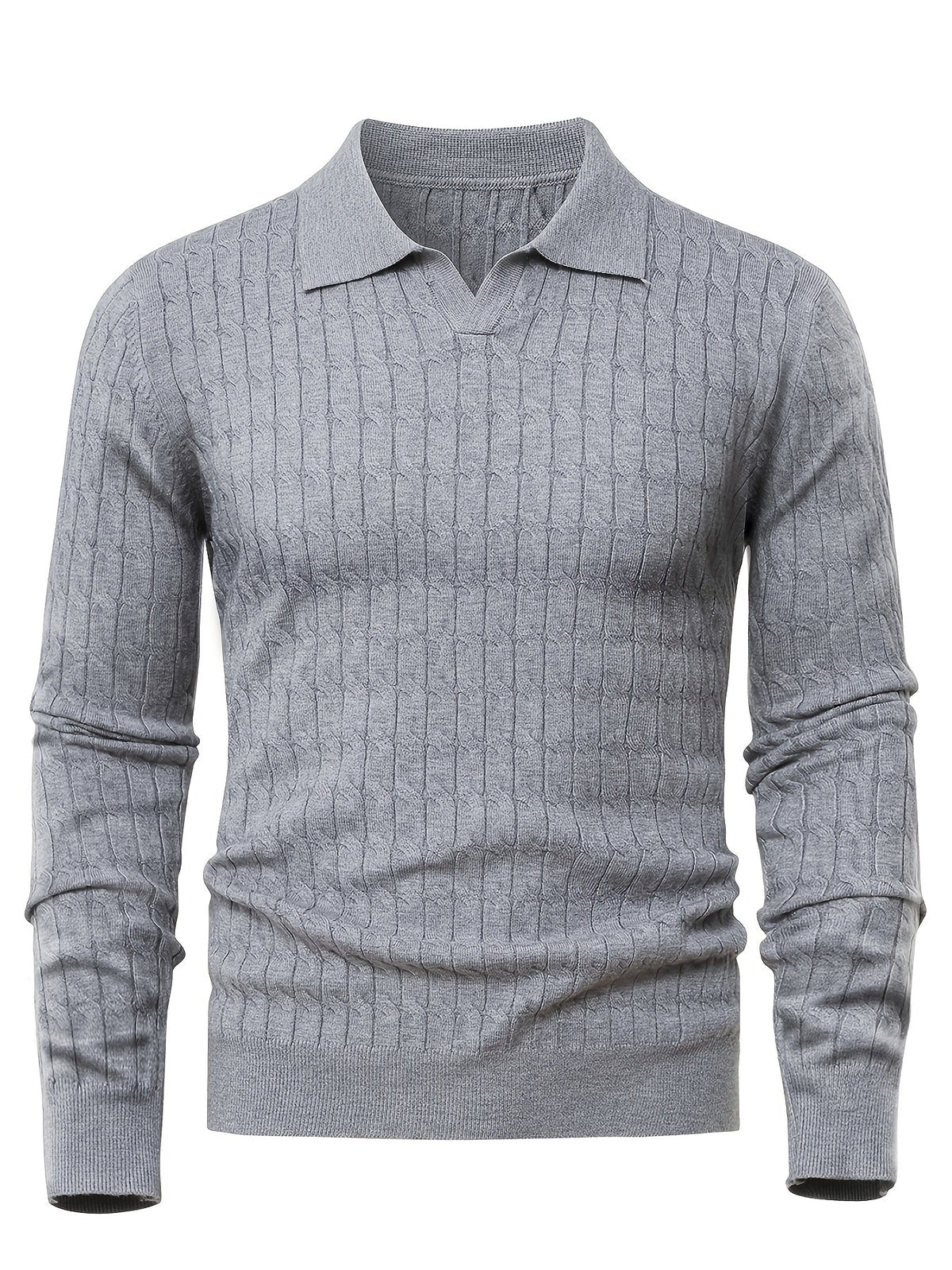 Men's Polo Sweater with Textured Cable Knit and Long Sleeves